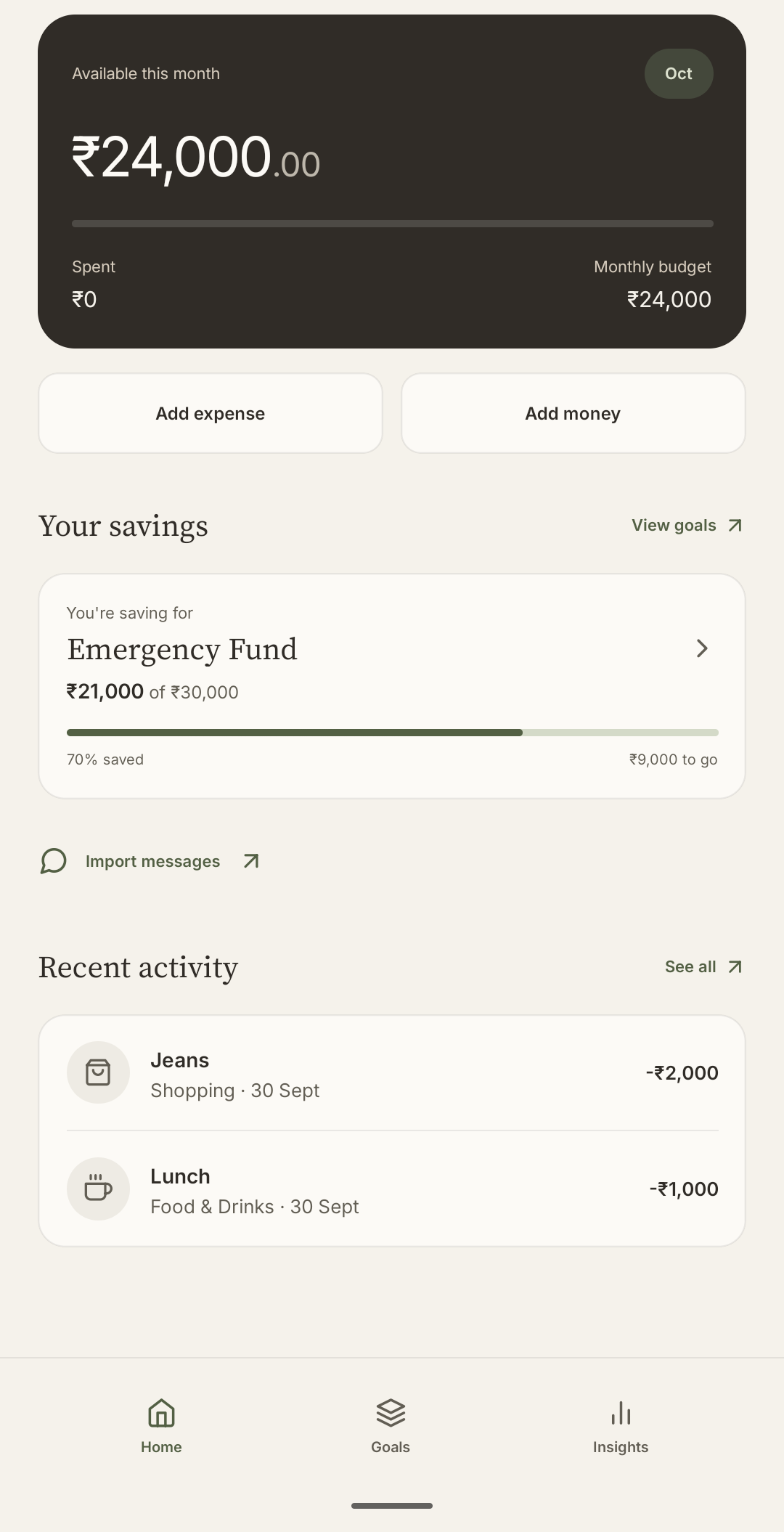 PocketSmart dashboard with balance, goals, and recent activity